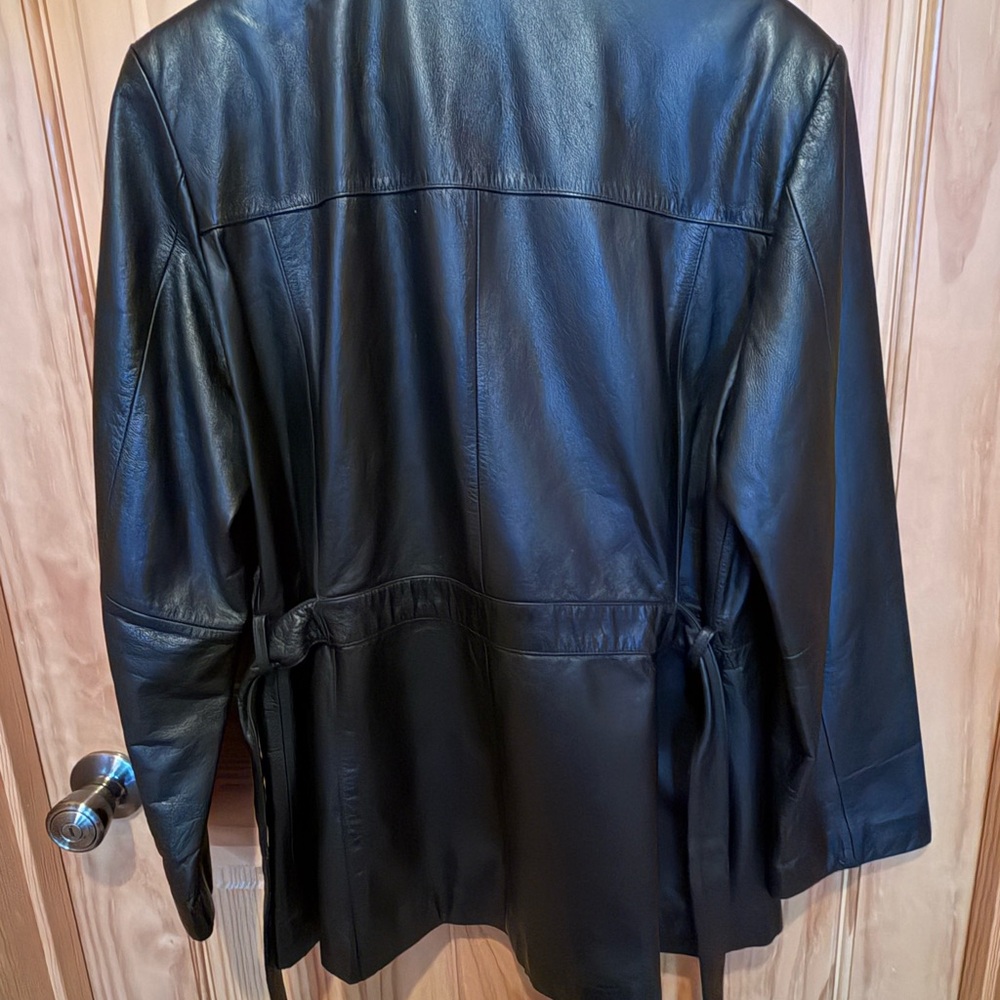 Women's Black Leather  Tie-Waist Jacket - Picture 2 of 5